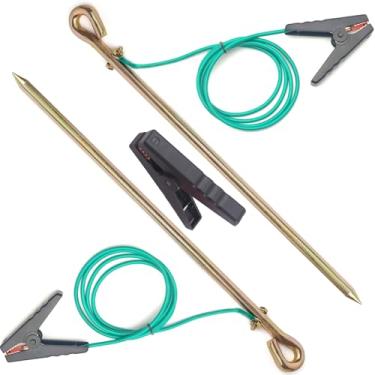 Imagem de 2 peças de haste de aterramento portátil com fio de aterramento listado UL de 1,6 m 12AWG com clipe de crocodilo, ótimo para cercas elétricas, antenas, gerador, pino de aterramento (haste de