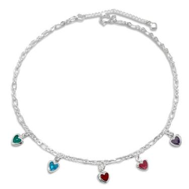 Imagem de Tornozeleira Corações Cristal Colorido Banhada a Prata Semijoia - Dril