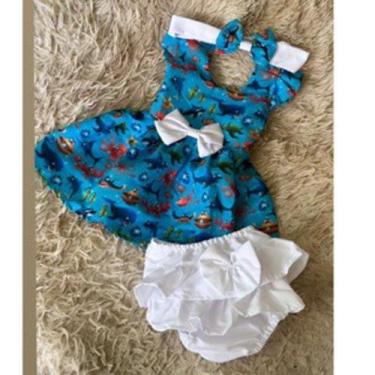 Imagem de Conjunto Menina Bebê Carinho Temático Fundo do Mar +Laço de Cabelo +Ca