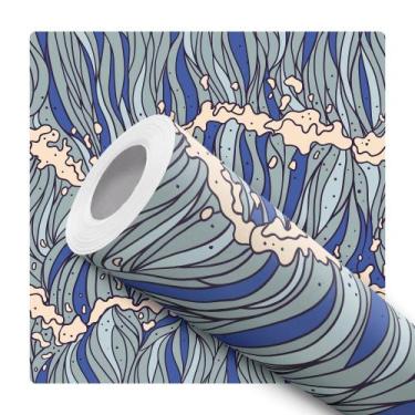 Imagem de Papel De Parede Adesivo Lavável Algas Abstrato Cinza Azul Quarto Sala 