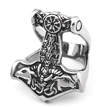 Imagem de BAVIPOWER Martelo de Thor Viking Mjolnir Poderosa Proteção Talismã Amuleto Vintage Anel de Aço Inoxidável, Metal, n