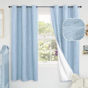 Imagem de Cortinas blecaute de linho azul bebê para berçário, conjunto de 2 painéis de comprimento de 153 cm, isolamento térmico, boho, total blackout, redução de ruído, cortinas de janela para quarto de