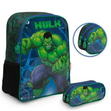 Imagem de Kit Mochila Bolsa Escolar Hulk Costas Reforçada Com Estojo - Plike
