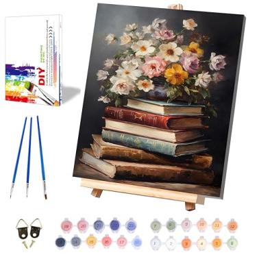 Imagem de Pintura de livro por números para adultos com tela emoldurada - com cavalete de madeira, pintura por número em tela, flores, kits de pintura a óleo vintage de acrílico DIY com pincéis, caixa de