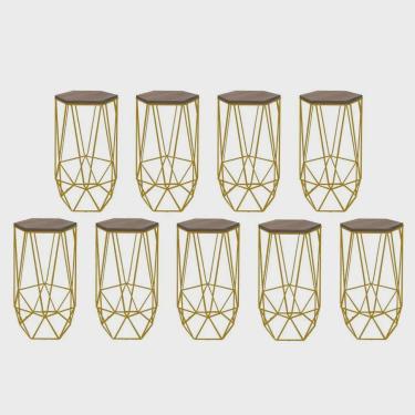 Imagem de Kit 09 Banqueta Alta Liz Hexágono Industrial Para Cozinha Ferro Dourado mdf Rústico - A...