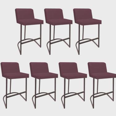 Imagem de Kit 07 Banquetas Com Encosto Noah Luxo Confort Bistrô Cozinha Ferro Marrom Suede Bordô - Ahz Móveis