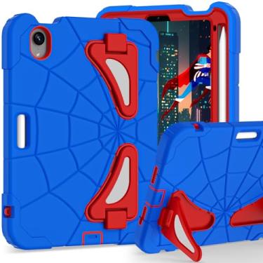Imagem de Capa infantil para iPad Mini 7 A17 Pro 2024/Mini 6 21.1 cm, capa aranha para iPad Mini 7ª 6ª geração, capa protetora completa à prova de choque durável com suporte para lápis, suporte (azul +