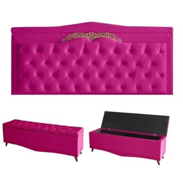 Imagem de Kit Barcelona Cabeceira De Cama Painel E Calçadeira Baú King 195 Cm Suede Rosa Pink Do Lar Móveis E Decoração