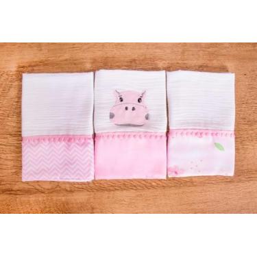 Imagem de Kit 3 Peças Fralda De Boca Para Bebê - Miguel Baby, Hipopotamo Rosa