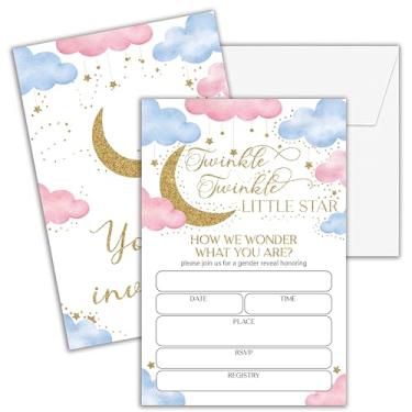 Imagem de Cazhes Convites de chá de bebê para meninos e meninas, 25 estrelas da lua dupla face convites de gênero neutro com envelopes, cintilante cintilante pequena estrela decorações de festa suprimentos