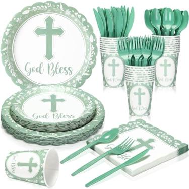Imagem de Zhehao 25 conjuntos de pratos de batismo, guardanapos, suprimentos de festa, decorações de primeira comunhão, copos descartáveis para chá de bebê recém-nascido, igreja de batizado (verde)