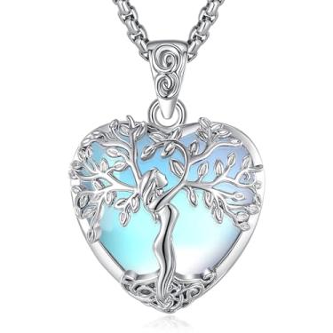 Imagem de EUDORA Colar de coração árvore da vida pedra da lua para mulheres cobre banhado a prata, pingente de árvore mãe deusa, joias de cristal, presentes de meditação de ioga para mulheres, mães, mãe, esposa