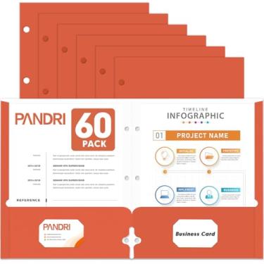 Imagem de Pastas de portfólio de dois bolsos, pacote com 60 PANDRI com 3 furos e 2 pastas de bolso para fichário de 3 anéis, pasta de arquivo de papel tamanho carta para escola, escritório, casa, negócios