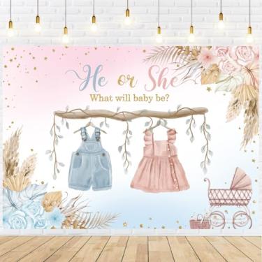 Imagem de Withu Pano de fundo boho revelador de gênero para fotografia ele ou ela azul rosa roupas fofas flores florais meninos ou meninas decoração de fundo de festa de bebê banner 2,1 x 1,5 m