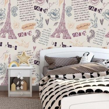 Imagem de Papel de Parede Paris Vintage em tons de Roxo, Bege e Laranja - Inove 
