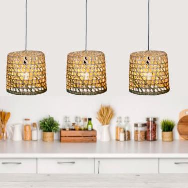Imagem de Kit 3 Lustre Rustico Pendente Luminária Teto Taboa Fibra Natural Taman