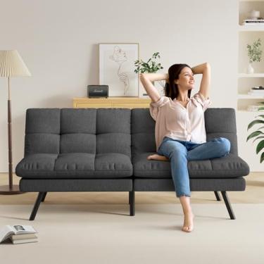 Imagem de Vipbear Sofá Futon – Sofá-cama moderno com duas costas divididas com espuma viscoelástica premium, design que economiza espaço para quartos pequenos, sofá conversível em cinza escuro