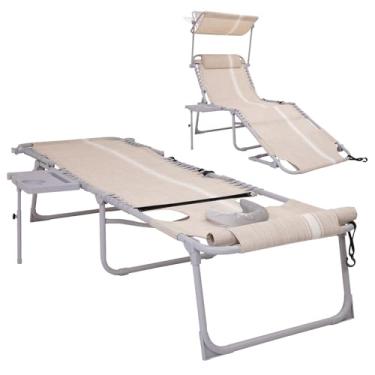 Imagem de #WEJOY Cadeira de bronzeamento 4 em 1 com orifício para o rosto, dossel e mesa lateral, 5 posições, ajustável, dobrável, à prova d'água, espreguiçadeira virada para baixo com travesseiro, secagem