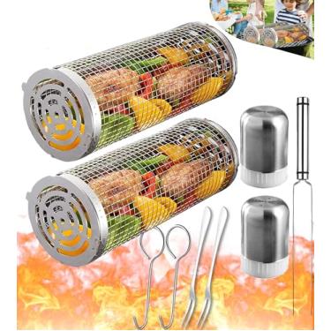 Imagem de Aucma Cestas De Grelhar Com Rodinhas Para Churrasqueira Ao Ar Livre, Rede Tubular Churrasco, Ideal Churrascos Grande Malha Redonda, Gaiola Cilíndrica, Utensílios Cozinha, Acessórios Essenciais Pique