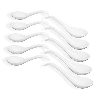 Imagem de jinsongdafa Conjunto De 10 Colheres Sopa Asiáticas Brancas Brilhantes 6,7", Colher Porcelana Ultrafina, Cozinha Chinesa/Japonesa Para Cereais, Pequeno Pho Ramen - Design Gancho Oval Profundo