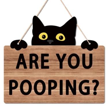 Imagem de Uflashmi Placa "Gato Preto, Você Está Fazendo Cocô?", Placas Engraçadas Para Decoração De Parede Banheiro, Porta Madeira Casa Fazenda, 28X24 Cm