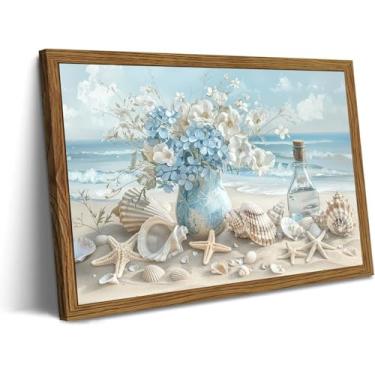 Imagem de Arte de parede em tela de praia emoldurada, pinturas de decoração de parede com imagens costeiras azuis, impressões de pôster de concha floral branca, arte de paisagem marítima moderna, decoração de