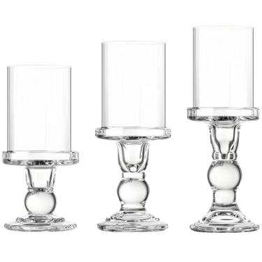 Imagem de Conjunto moderno de 3 peças de castiçais de cristal Hurricane, estilo elegante de coluna romana com persianas de vidro à prova de vento, ideal para velas de pilar, casamento e decoração de casa