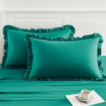 Imagem de TOSMO Fronha Queen Size 100% linho com babados, conjunto de 2, fronhas respiráveis lavadas em pedra, fecho de envelope, fronhas macias e duráveis, 51 x 76 cm, azul-petróleo