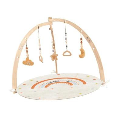Imagem de menolana Ginásio de madeira para bebês, com barra suspensa, arco, com 6 brinquedos, brinquedos sensoriais, estrutura de academia para bebês, centro de