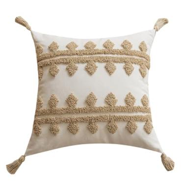 Imagem de NIDITW Capa de almofada Tufting 45,7 cm x 45,7 cm listra geométrica boho luxuosa decoração de casa jacquard bordada com borlas feitas à mão macia e fofa para sofá de fazenda (Cáqui listrado)
