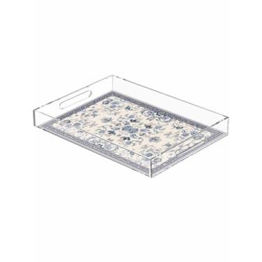 Imagem de Bandeja de acrílico de padrão retrô vintage azul boêmia, bandeja decorativa de plástico à prova de derramamento com alças para exibição de comida, organizador de bancada boho de festa 30 x 20 x 5 cm