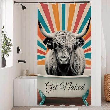 Imagem de Opeoddie Conjunto de cortina de chuveiro vintage highland vaca touro na banheira pequena tenda 91 x 182 RV moderna abstrata colorida arco-íris linha cortina de banho para banheiro estreita fazenda