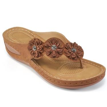 Imagem de FUDYNMALC Sandália anabela casual feminina confortável com clipe de flor para o verão e praia, sapato feminino estilo boêmio plataforma, Marrom, 8