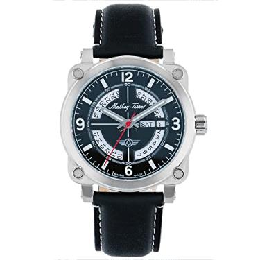 Imagem de Mathey-Tissot Relógio masculino Pilot de quartzo suíço – caixa de aço inoxidável de 43 mm com mostrador preto, mostrador de data de esqueleto giratório e pulseira de couro preto