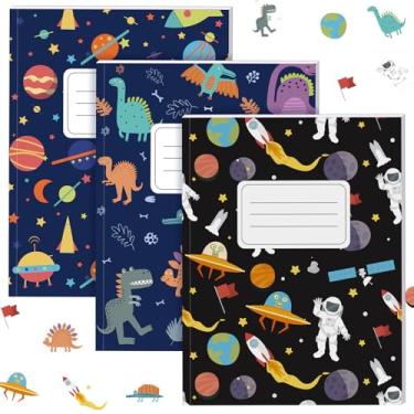 Imagem de Affrolling Caderno de composição com 3 peças de caderno de composição primária de dinossauros largos pautados para crianças meninos meninas 100 páginas 200 folhas 24,8 cm x 19 cm