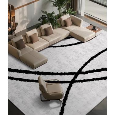 Imagem de YIHOUSE Tapetes modernos para sala de estar, tapete preto e branco lavável, 23,5 x 30,5 cm, tapete listrado geométrico fino e minimalista, resistente a manchas para quarto, cozinha, sala de jantar e