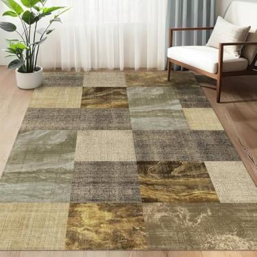 Imagem de Tapetes de área abstrata quadriculados modernos laváveis 3 × 5, suporte antiderrapante com carpete de alto tráfego para quarto, sala de estar, escritório, sala de jantar e casa de fazenda, marrom e