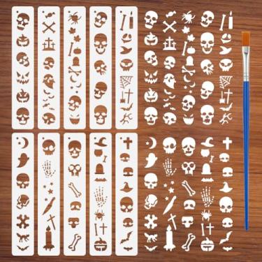 Imagem de FINGERINSPIRE 2 peças de estênceis de elementos de terror para pintura com pincel, 30 x 30 cm, modelo de borda de esqueleto reutilizável, estêncil de borda de fundo vazado, modelo de tema de borda PET