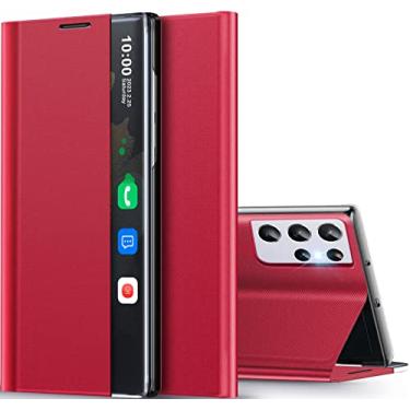 Imagem de Qissy Capa para Samsung Galaxy S21 Ultra 5G Clear View Slim S21 Ultra capa de telefone luxuosa espelho rígido PC Kickstand couro flip à prova de choque Galaxy S21 Ultra 5G capa (vermelha)