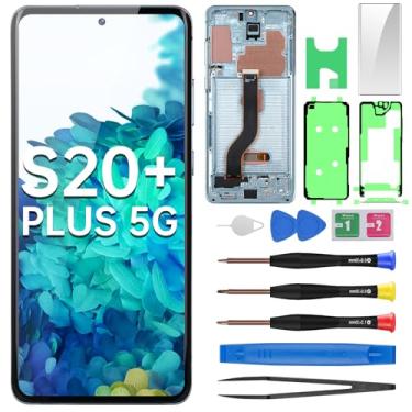 Imagem de BESJMYT Tela de substituição AMOLED para Samsung Galaxy S20 Plus 5G OLED Display Touch digitalizador conjunto completo com moldura azul Aura e botão lateral kit de ferramentas de reparo de vidro