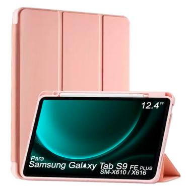 Imagem de Capa Tablet flip para Samsung Galaxy Tab S9 FE PLUS SM-X610 SM-X616 Smart pen 12.4 polegadas resistente aveludada compatimento caneta Case capinha Anti Impacto Suporte Pencil - Alamo (rose)