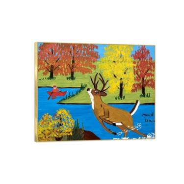 Imagem de Maud Lewis Canvas Wall Art Pictures-Famous Art Prints-Reprodução em tela - Pôster de arte de pintura animal para decoração de casa - Deer Crossing Stream 90 x 110 cm 35 x 43 polegadas moldura dourada