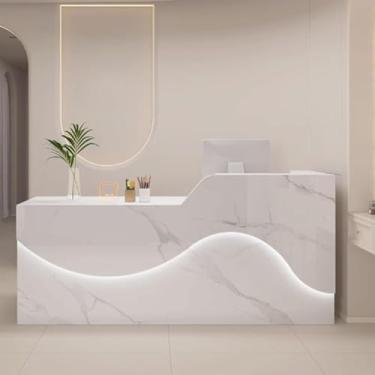 Imagem de Mesa De Recepção Com Balcão Balcão De Recepção Balcão De Recepção Mesa De Balcão De Escritório Em Madeira De Engenharia Com Iluminação Suave E Relaxante, White Texture, 120cm