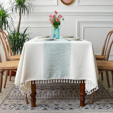 Imagem de KAIJIE Toalha de mesa retangular de primavera verão estampa quadriculada estilo nórdico toalha de mesa de algodão e linho para refeições tapete de mesa com borlas 39 x 63"/100 x 160 cm D-Green