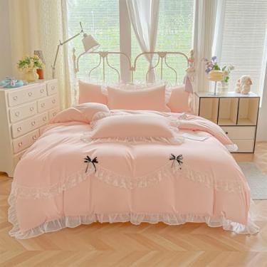 Imagem de MOOWOO Jogo de cama de renda com babados e gravata borboleta fofa - 3 peças (1 capa de edredom completa 203 x 232 cm, 2 fronhas) Roupa de cama estética para casamento francês romântico