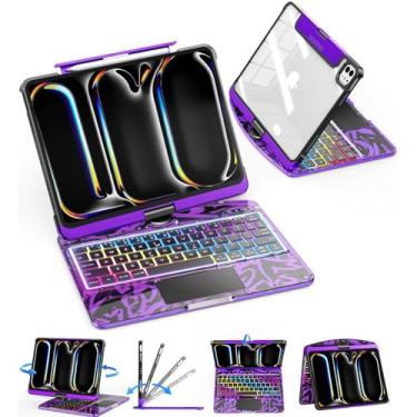Imagem de TSQQST Capa transparente com teclado sem fio para iPad Pro de 11 polegadas (M4) 2024 com suporte para lápis e trackpad multitoque, PCB visível, brilho de 3 e luz de fundo de 7 cores, rotação 360, roxo