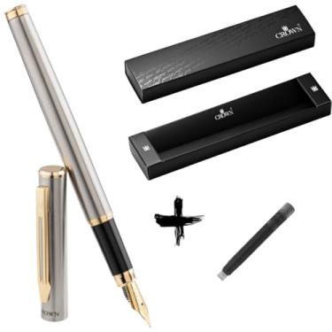 Imagem de Kit Caneta Crown Capricci Tinteiro Ponta de Pena Iridium Alemã + Case Exclusiva Crown + Refil Extra Preto (Prata)
