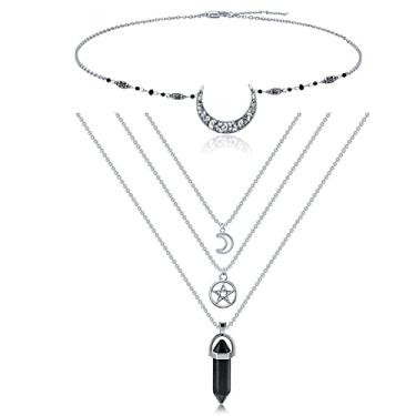 Imagem de papasgix Colares com pingente de pedra de cristal de cura hexagonal em camadas, pingente de pedra ametista de quartzo pontiagudo com colar de prata e estrela da lua em camadas (2)