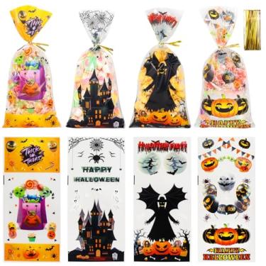 Imagem de Sacos de petisco de Halloween, sacos de presente de Halloween, 100 peças, saco de guloseimas de celofane de plástico, transparente, doces, biscoitos, petiscos, doces ou travessuras, para decorações de