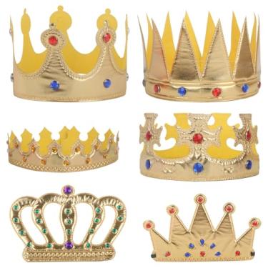 Imagem de Luhiew 6 peças de coroa de rei em ouro real, fantasia de princesa real macia, coroa, coroa de rainha, boné com pedras preciosas para presente de aniversário, acessórios de festa de Halloween